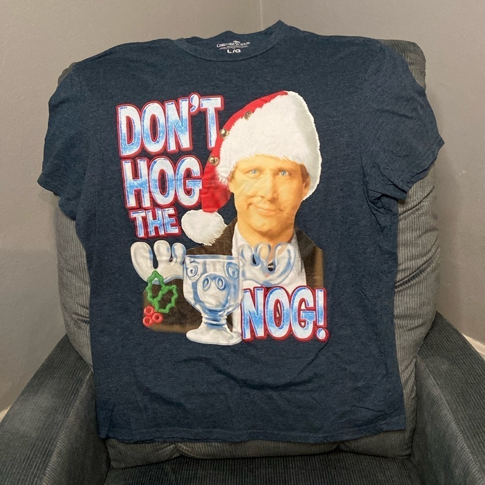 Christmas Vacation Don’t Hog The Nog Clark Griswald Tee Shirt Blue Unisex L